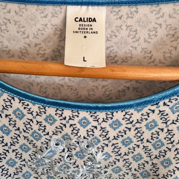 Calida Soft Cotton Nightgown Size Large Long Sleeve Blue Floral - Picture 6 of 6